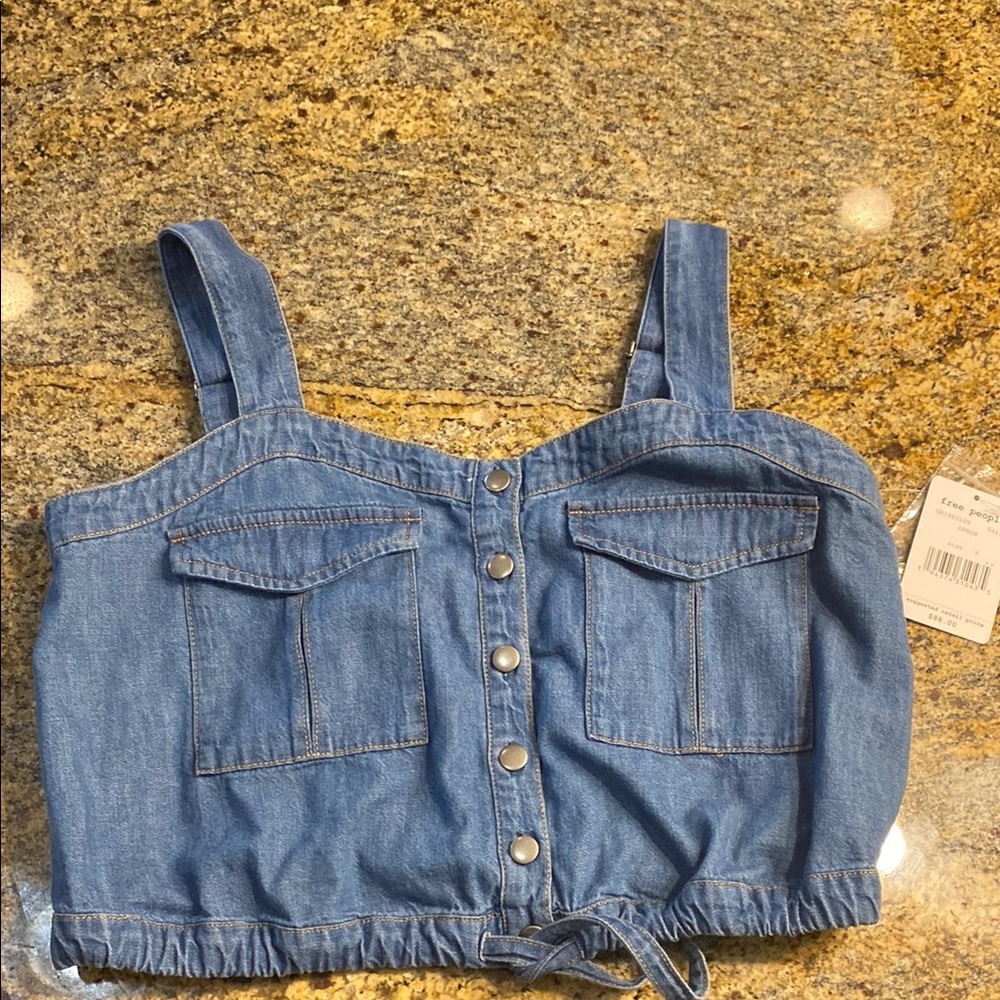 NWT Free People Blue Denim Crop Top Tie Front Size Small